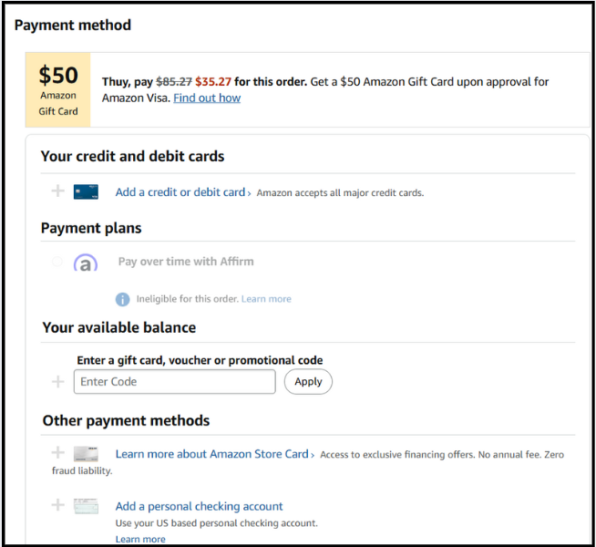 Chọn phương thức thanh toán khi mua hàng trên amazon